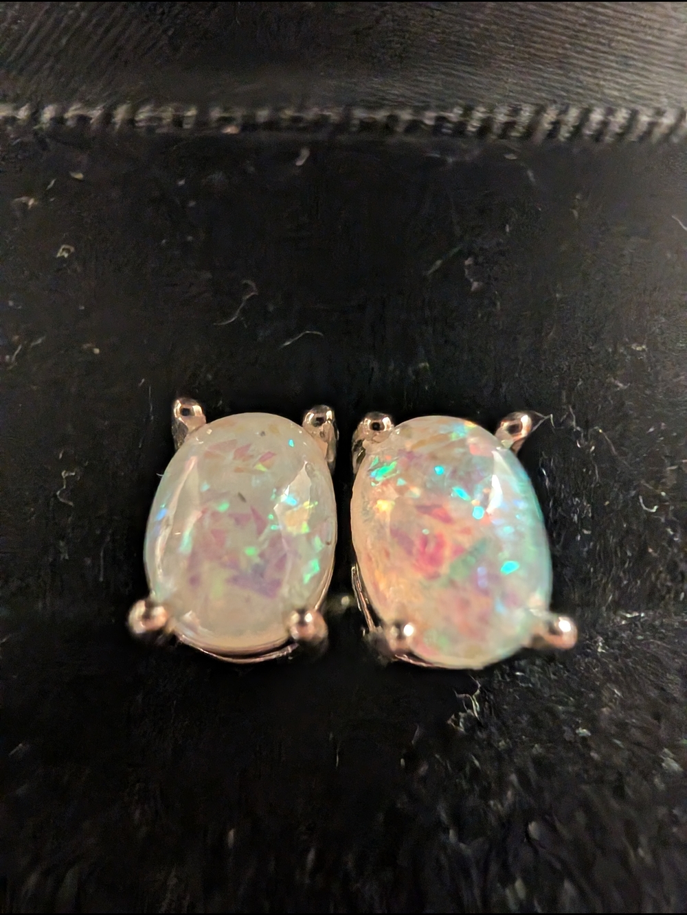Sterling Silver Opal Oval Stud Earrings - White Opal